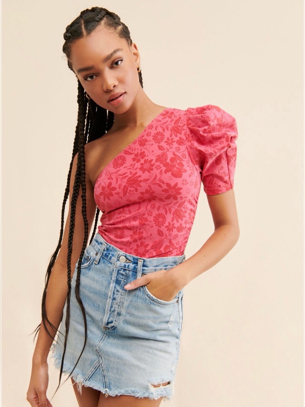 Free People Intimately NWT New 1-Shoulder Puff Sleeve thong bodysuit Pink Small